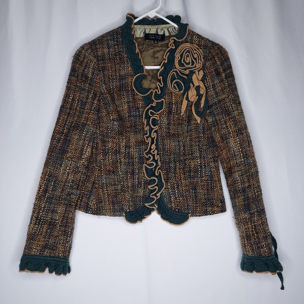 Rickie Freeman Teri Jon Blazer Women 6 Tweed Crochet Rosette Fairycore Old Money